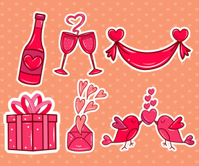 Romantic Lovely Valentine’s Day Elements and stickers set. Cartoon style sticker. Love stickers vector set for Valentine’s Day.