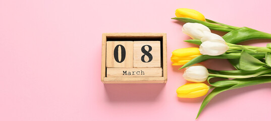 Calendar with date of International Women's Day and tulip flowers on color background