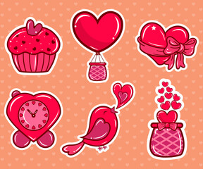Romantic Lovely Valentine’s Day Elements and stickers set. Cartoon style sticker. Love stickers vector set for Valentine’s Day. Valentine's day sticker in kawaii style.