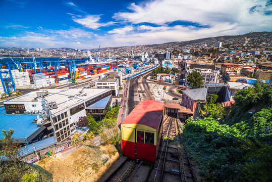 Funicular train 21 de Mayo (May 21st) and Valparaiso Port on Artillery Hill, Valparaiso Province, Chile, South America