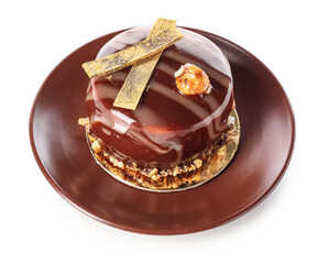Plate with delicious chocolate cake on white background