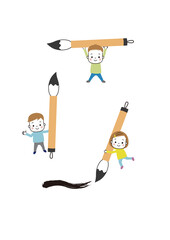 習字　筆を持ったいろんなポーズの子どもたち