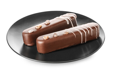 Plate with delicious chocolate cakes on white background