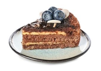 Plate with delicious piece of chocolate cake and blueberries on white background
