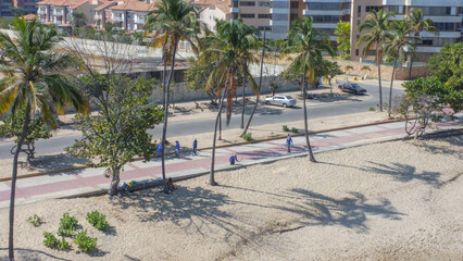 Aerial photo from a drone of workers cleaning a beach and its surroundings. Workers, cleaning...