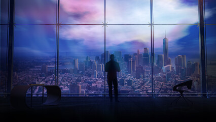 A businessman at the office window overlooking the city skyscrapers, 3D render.