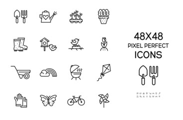 Spring activities and gardening icons set. Such as butterfly, bicycle, seedling, rainbow, bbq. Pixel perfect, editable stroke 48x48 icons