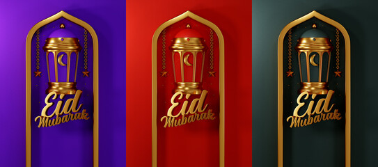 3D rendering collection color set Islamic lamps. arabic lanterns gold color, religion Eid Mubarak Ramadan concept illustration background.