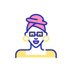 Elegant stylish girl wearing a turban and large earrings. Pixel perfect, editable stroke fun color avatar icon