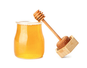 Opened jar with honey and dipper on white background
