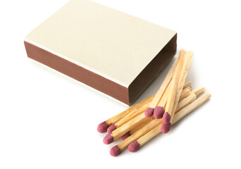 Matches and matchbox on white background