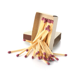 Matchbox with matches on white background