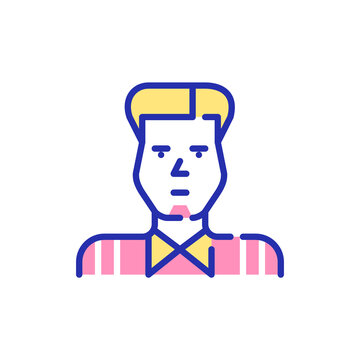 Young man with small goatee beard and trendy haircut, wearing a shirt. Pixel perfect, editable stroke fun color avatar icon