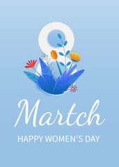 Vertical card template for the International Womens Day. Flyer for March 8 with decor of spring plants, leaves and flowers. Invitations with inscription of watercolor paint. Vector illustration.