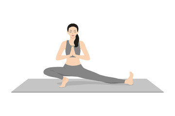 Side Lunge Stretch Pose Prayer Hands. Beautiful girl practice Skandasana Namaste Hands. Young attractive woman practicing yoga exercise. working out, black wearing sportswear, grey pants and top,