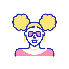 African American girl with two side buns hairstyle, cute sunglasses and earrings. Pixel perfect, editable stroke fun color avatar icon