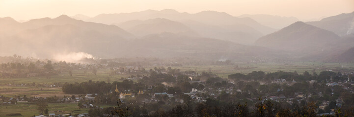 Sunset view over Hsipaw (Thibaw) and Shan State Mountains, Myanmar (Burma)