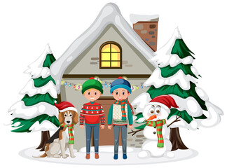 Couple children and beagle standing in front of a house