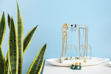 Stylish earrings near stand with jewelry on white table and houseplant near color wall