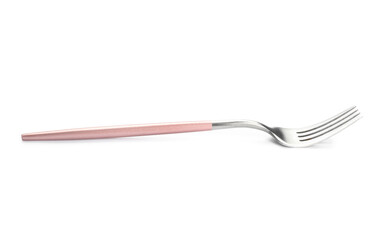 Stainless steel fork with pink handle on white background