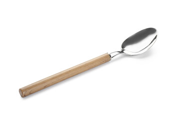 Stainless steel spoon with wooden handle on white background
