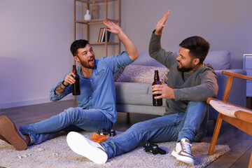 Young brothers with bottles of beer giving each other high-five at home in evening