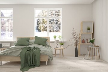 Stylish bedroom in white color with winter landscape in window. Scandinavian interior design. 3D illustration
