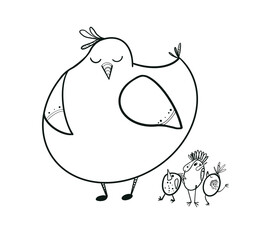 Hen and chicks outline coloring isolated set 3/6