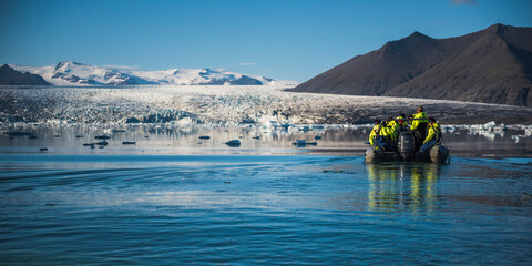 Zodiac boat tour of Jokulsarlon Glacier Lagoon, a glacial lake filled with icebergs in South East Iceland, Europe