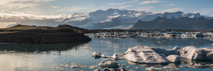 Icebergs in Jokulsarlon Glacier Lagoon, melting due to global warming and climate change,...