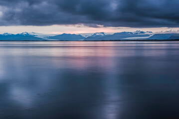 Vatnajokull Ice Cap seen from the Vetrahorn Peninsula, East Fjords Region (Austurland), Iceland, Europe, background with copy space