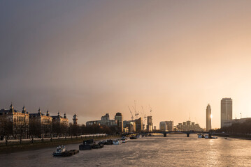 View along River Thames at Sunset from Westminster Bridge towards Vauxhall, London, England