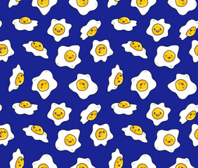 Cute vector Kawaii omelette scrambled eggs seamless surface pattern design for textile, wallpaper, bag, napkins and t-shirts.