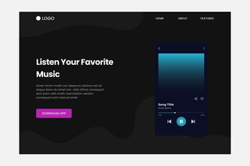 music streaming landing page in dark theme, hero section of music app - obrazy, fototapety, plakaty