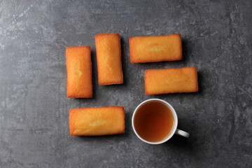 French biscuits called Financiers, with almond powder, smooth inside and crispy on the edges