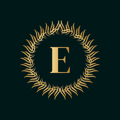 Emblem Letter E Weaving Circle Monogram Graceful Template. Simple Logo Design for Luxury Crest, Royalty, Business Card, Boutique, Hotel, Heraldic. Calligraphic Vintage Border. Vector Illustration