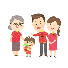 Cute Cartoon Chinese Family Vector.