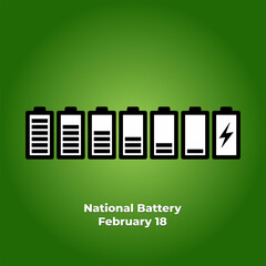Battery icon isolated on a green background. National Battery Day design concept suitable for social media post templates, posters, greeting cards, banners, backgrounds, brochures. Vector Illustration