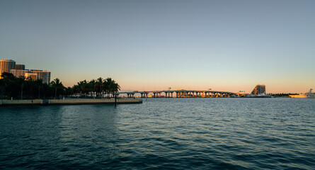 panorama miami bridge palms city skyline at sunset sea ocean 