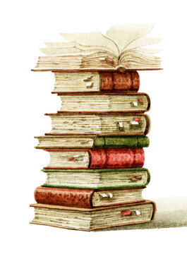 A stack of old books painted in watercolor. Ancient folios stacked on top of each other. Vintage books isolated on a white background.