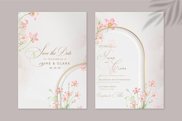 Geometric Wedding Invitation and Save the Date with Pink Flower