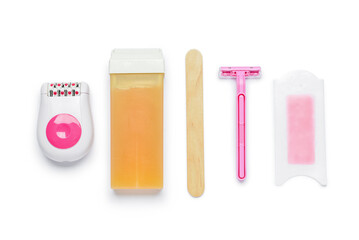 Different supplies for hair removal on white background