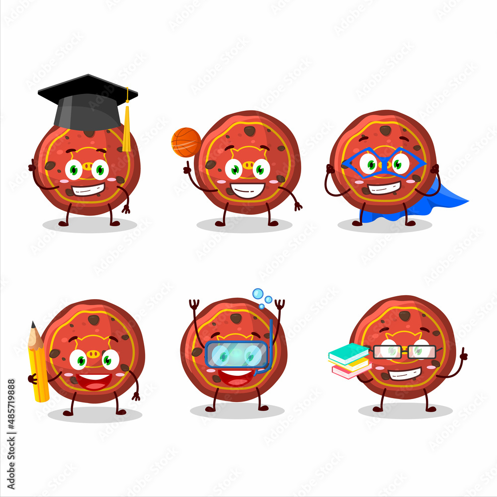 Sticker school student of red cookies pig cartoon character with various expressions