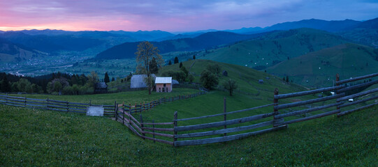 Bukovina Region (Bucovina) landscape at sunrise, Paltinu, Romania