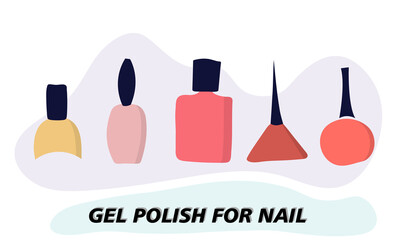 A set of jars with gel nail polish. Objects and materials for a beauty and fashion salon. Vector illustration.