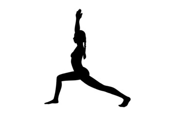 Fototapeta na wymiar Yoga warrior pose or virabhadrasana II silhouette. Woman yoga workout for slim body. Vector illustration isolated on white background