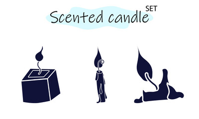 A set of scented candles with a burning fire. Candles for interior, lighting and romantic dates. Aromatherapy. Vector illustration in solid monochrome design on a white background.