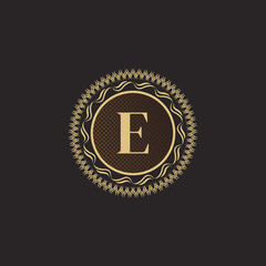 Emblem Letter E Gold Monogram Design. Luxury Volumetric Logo Template. 3D Line Ornament for Business Sign, Badge, Crest, Label, Boutique Brand, Hotel, Restaurant, Heraldic. Vector Illustration