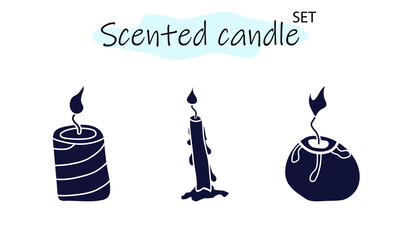 A set of scented candles with a burning fire. Candles for interior, lighting and romantic dates. Aromatherapy. Vector illustration in solid monochrome design on a white background.