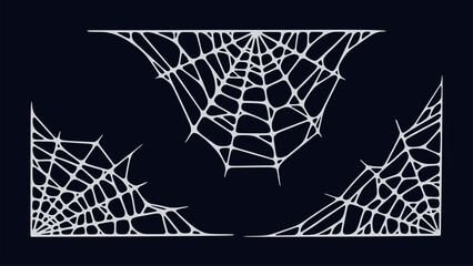 Spider web corbers isolated on black background. Frame with Halloween cobwebs. Handrawn vector illustration